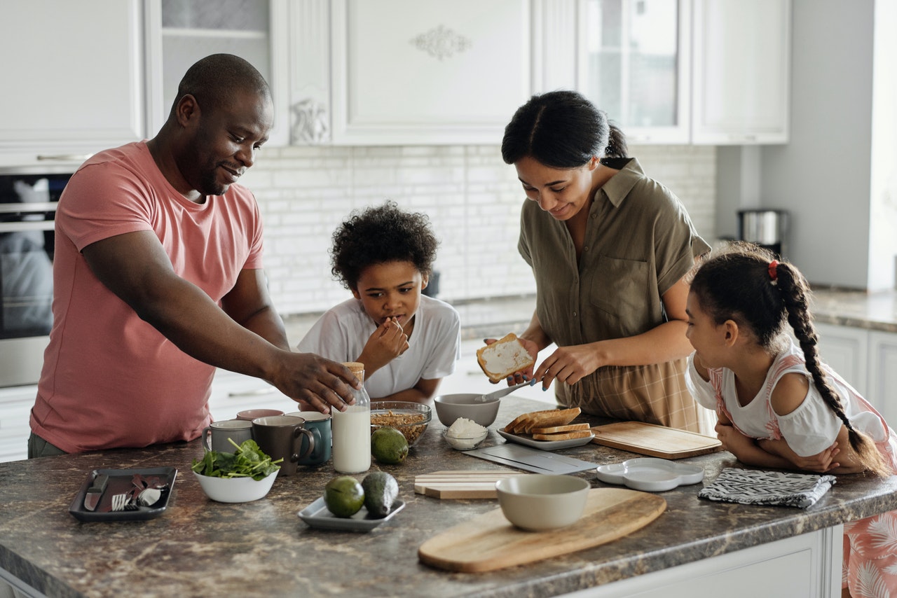 family cooking and eating