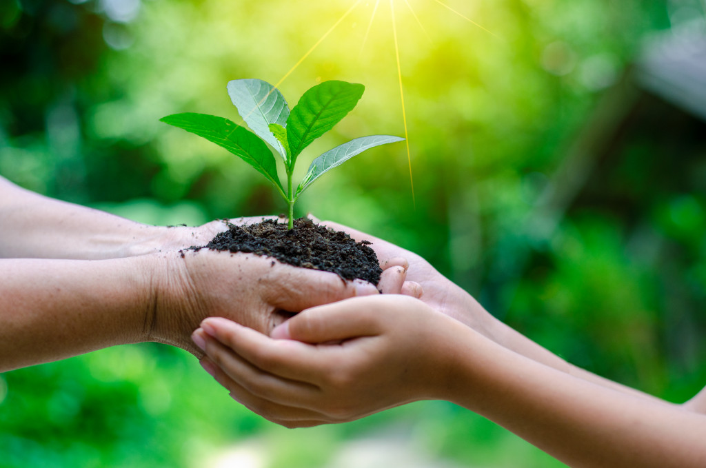 parent and child with plant